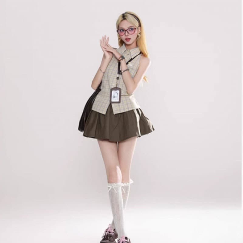 rayohopp 아메리칸 레트로 체크무늬 폴로 칼라 민소매 셔츠 여성 여름 새로운 슬림해 보이는 허리 수축 달콤한 차가운 셔츠 트렌디 이미지 4