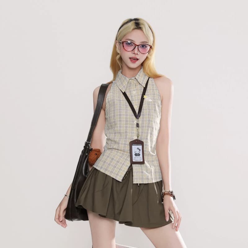 rayohopp 아메리칸 레트로 체크무늬 폴로 칼라 민소매 셔츠 여성 여름 새로운 슬림해 보이는 허리 수축 달콤한 차가운 셔츠 트렌디 이미지 2