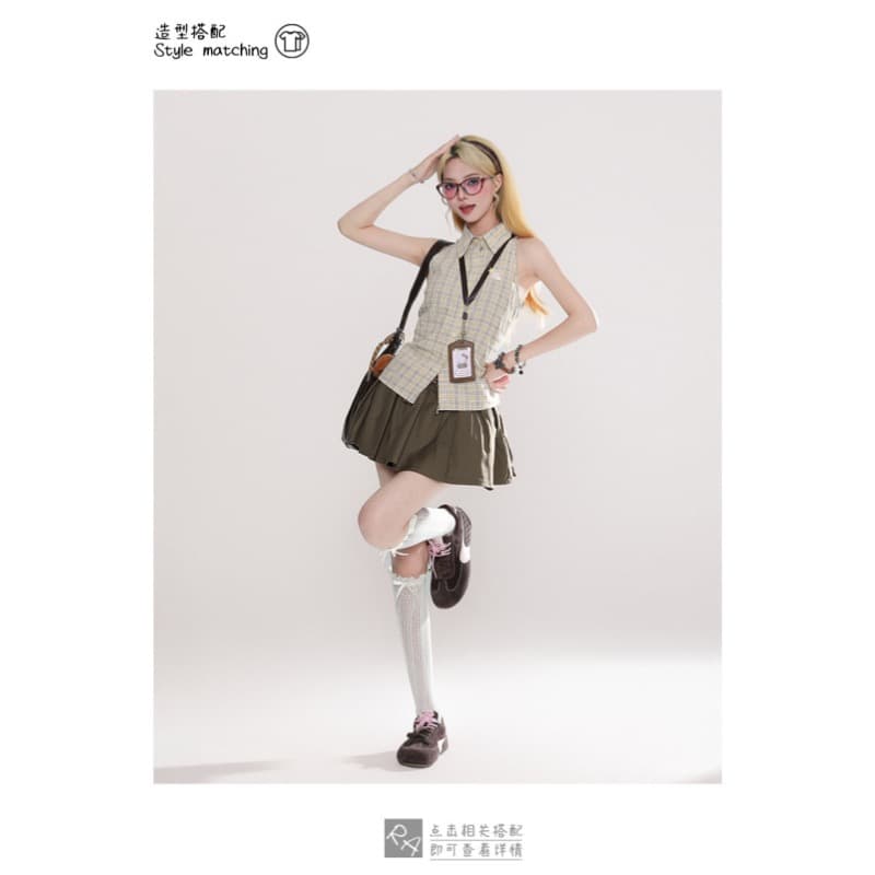 rayohopp 아메리칸 레트로 체크무늬 폴로 칼라 민소매 셔츠 여성 여름 새로운 슬림해 보이는 허리 수축 달콤한 차가운 셔츠 트렌디 상세 이미지 5