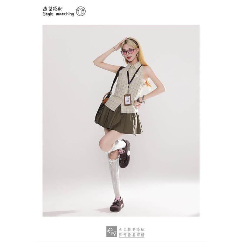rayohopp 아메리칸 레트로 체크무늬 폴로 칼라 민소매 셔츠 여성 여름 새로운 슬림해 보이는 허리 수축 달콤한 차가운 셔츠 트렌디 상세 이미지 12