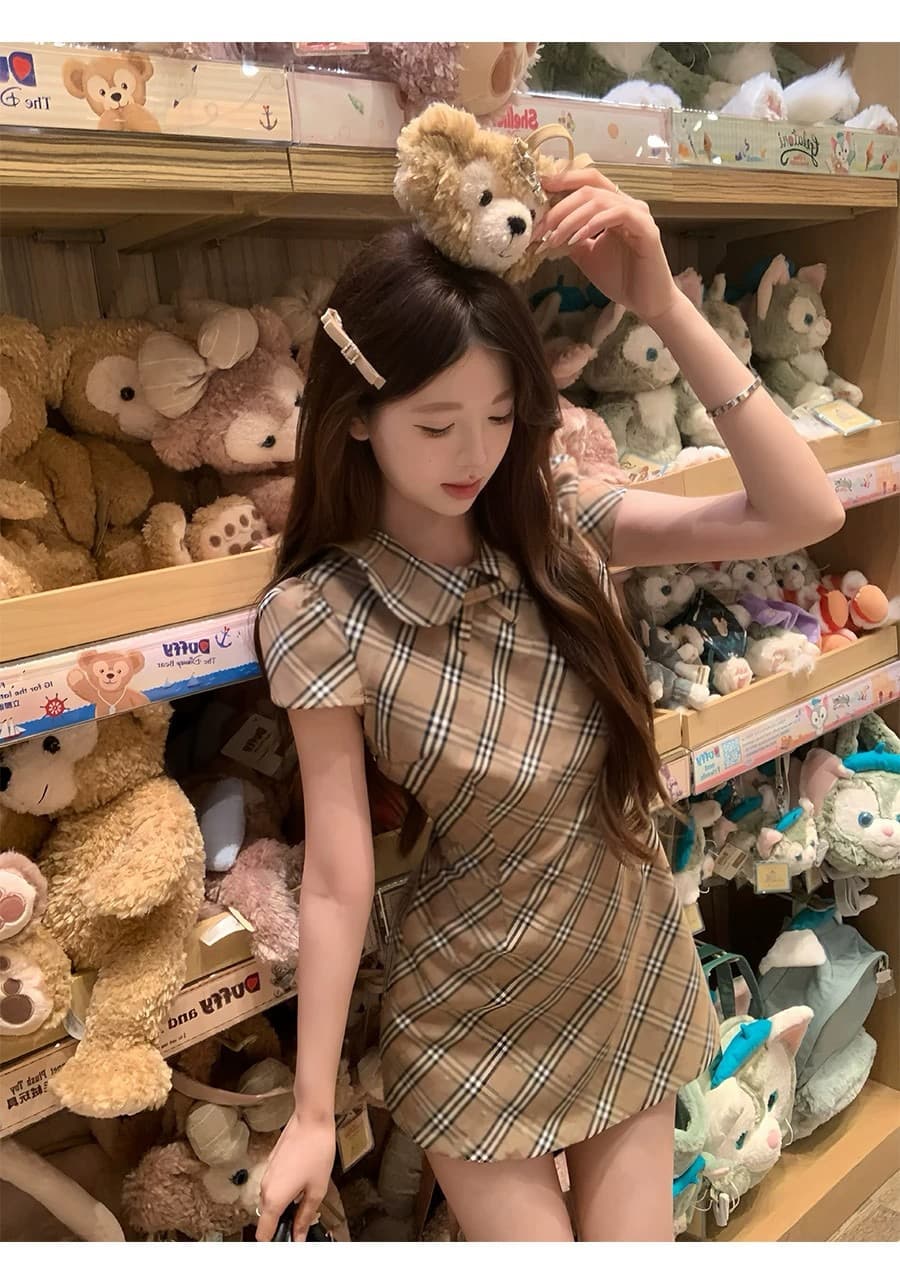 2026 섹션 베이비 칼라 체크무늬 치마 천 골드 센스 달콤함 드레스 슬림해 보이는 섹션 슈퍼 잘 생긴 중 고풍 허리 수축 여성 의류 상세 이미지 4