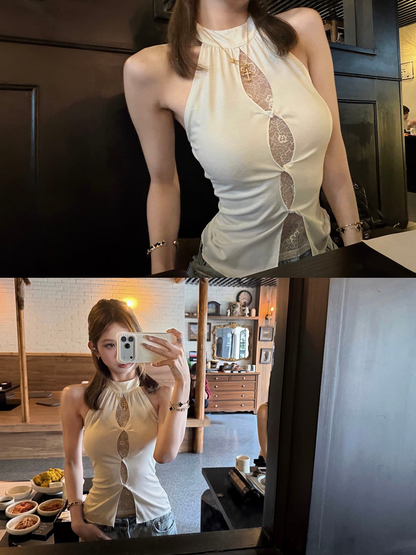 라이 경기 서울 페이크 레이어드 레이스 홀로우 아웃 비틀림 행침 목 조끼 여성 여름 새로운 작은 대중 허리 수축 몸매 가꾸기 작은 맨위 상세 이미지 8