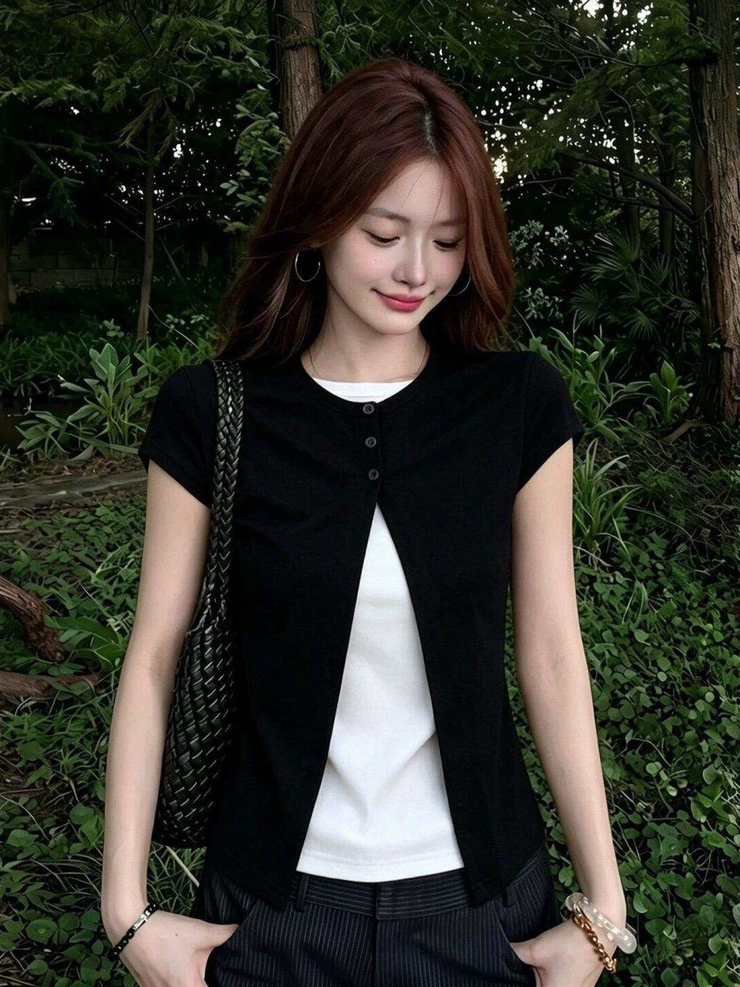 순면 리브 당겨 프레임 페이크 레이어드 티셔츠 여성 의류 여름 디자인 센스 연령 감소 다용도 풀오버 반팔 이미지 2