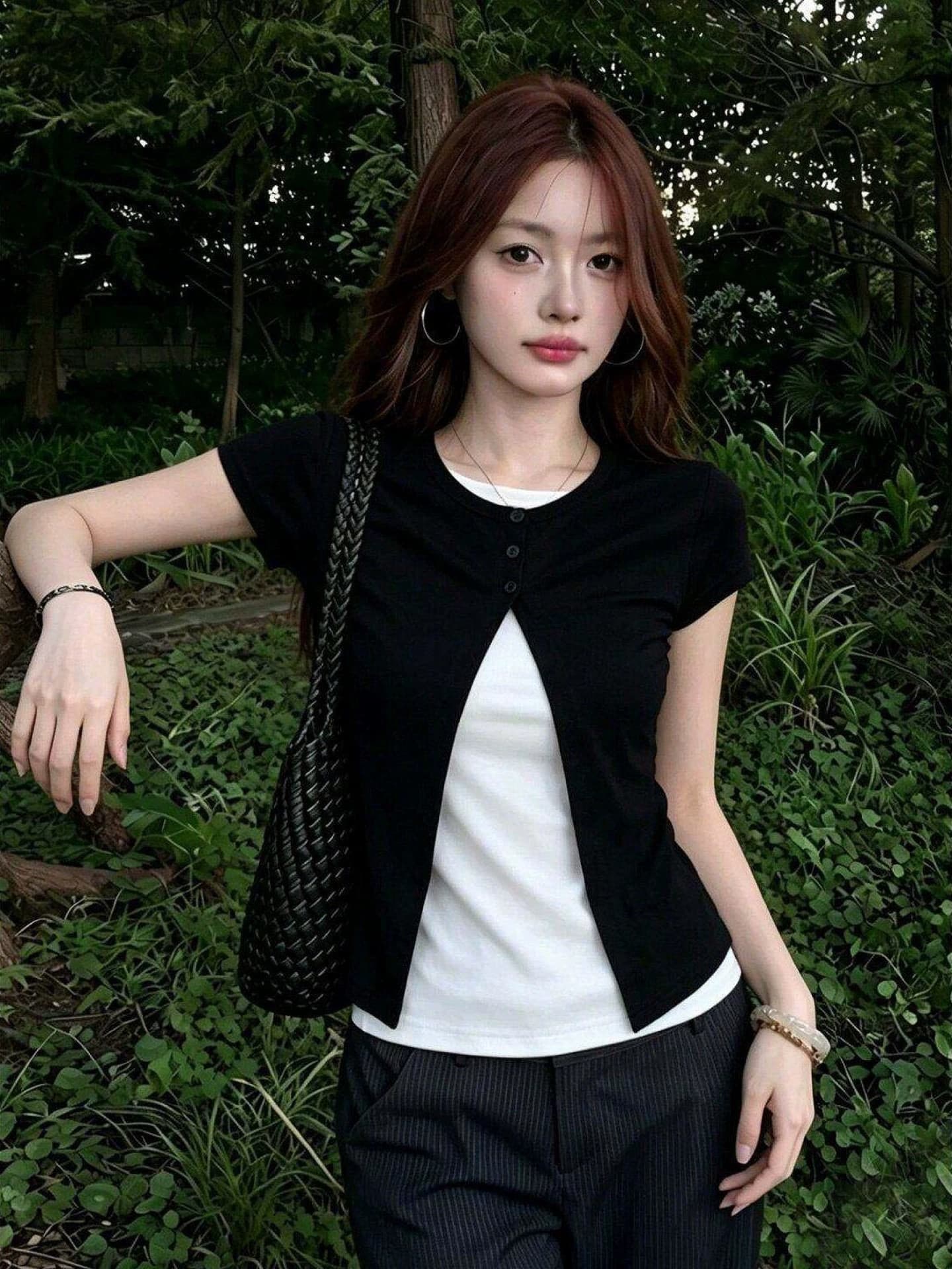 순면 리브 당겨 프레임 페이크 레이어드 티셔츠 여성 의류 여름 디자인 센스 연령 감소 다용도 풀오버 반팔