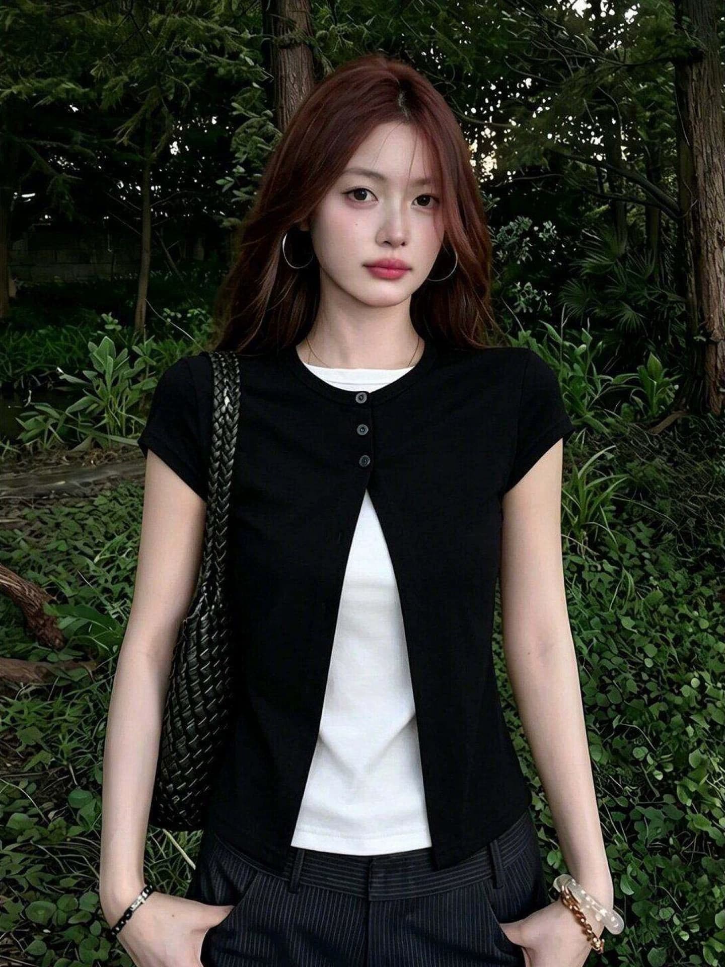 순면 리브 당겨 프레임 페이크 레이어드 티셔츠 여성 의류 여름 디자인 센스 연령 감소 다용도 풀오버 반팔 이미지 3