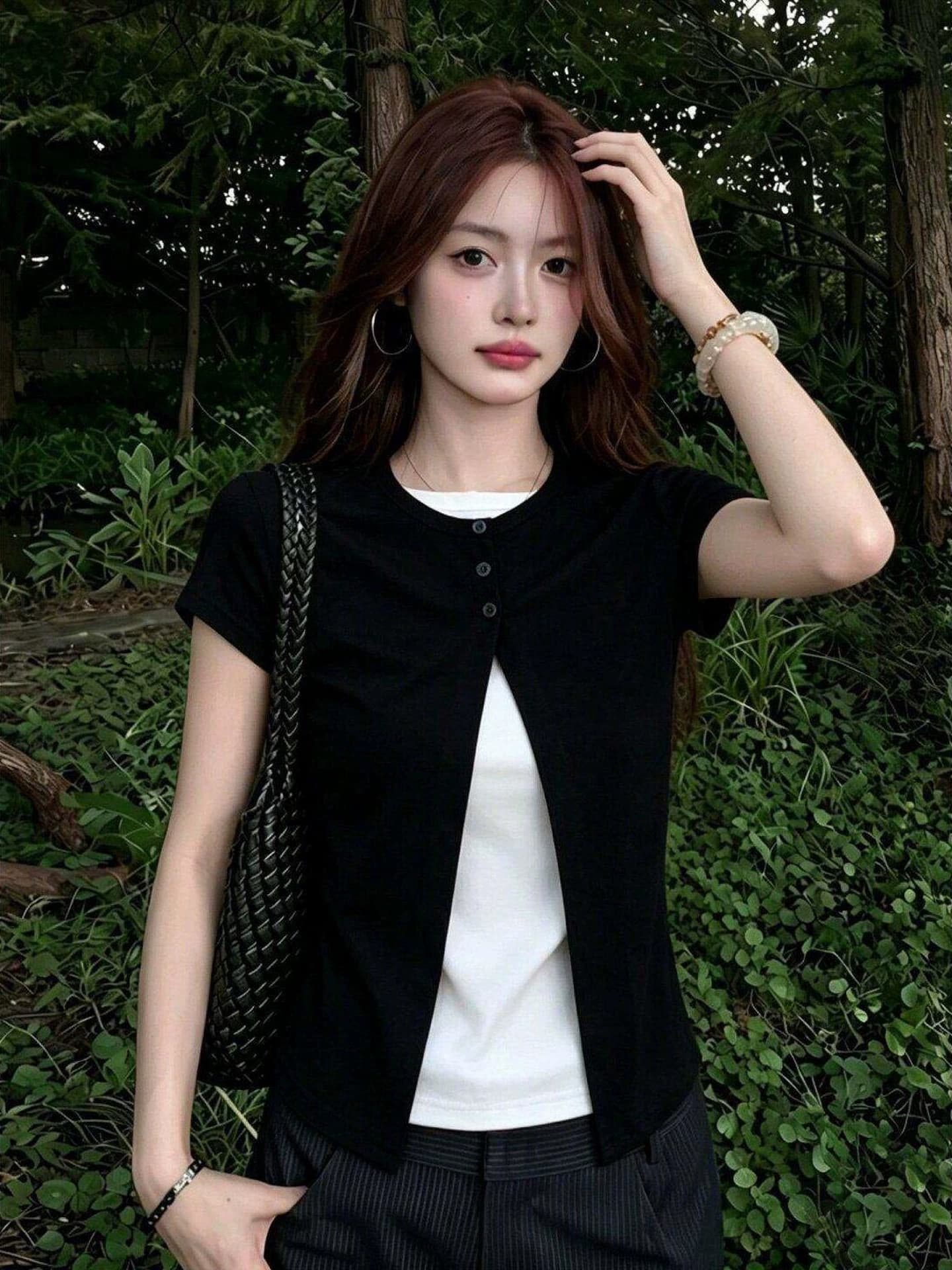 순면 리브 당겨 프레임 페이크 레이어드 티셔츠 여성 의류 여름 디자인 센스 연령 감소 다용도 풀오버 반팔 상세 이미지 6
