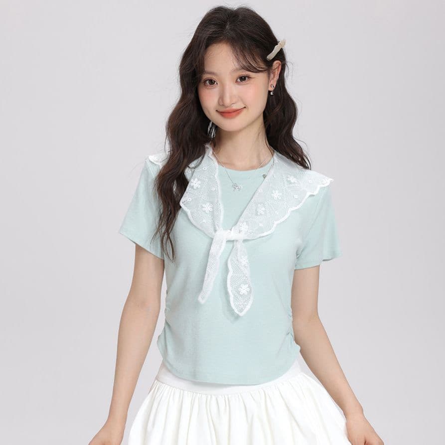 ins 바람 2026 년 여름 새로운 품격 몸매 가꾸기 레이스 숄 리본 반팔 티셔츠 Chic 쇼트 스타일 맨위 여성 이미지 5