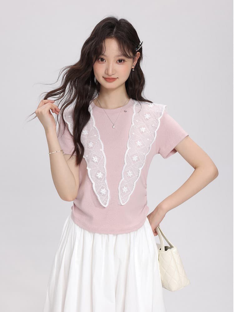 ins 바람 2026 년 여름 새로운 품격 몸매 가꾸기 레이스 숄 리본 반팔 티셔츠 Chic 쇼트 스타일 맨위 여성 상세 이미지 6