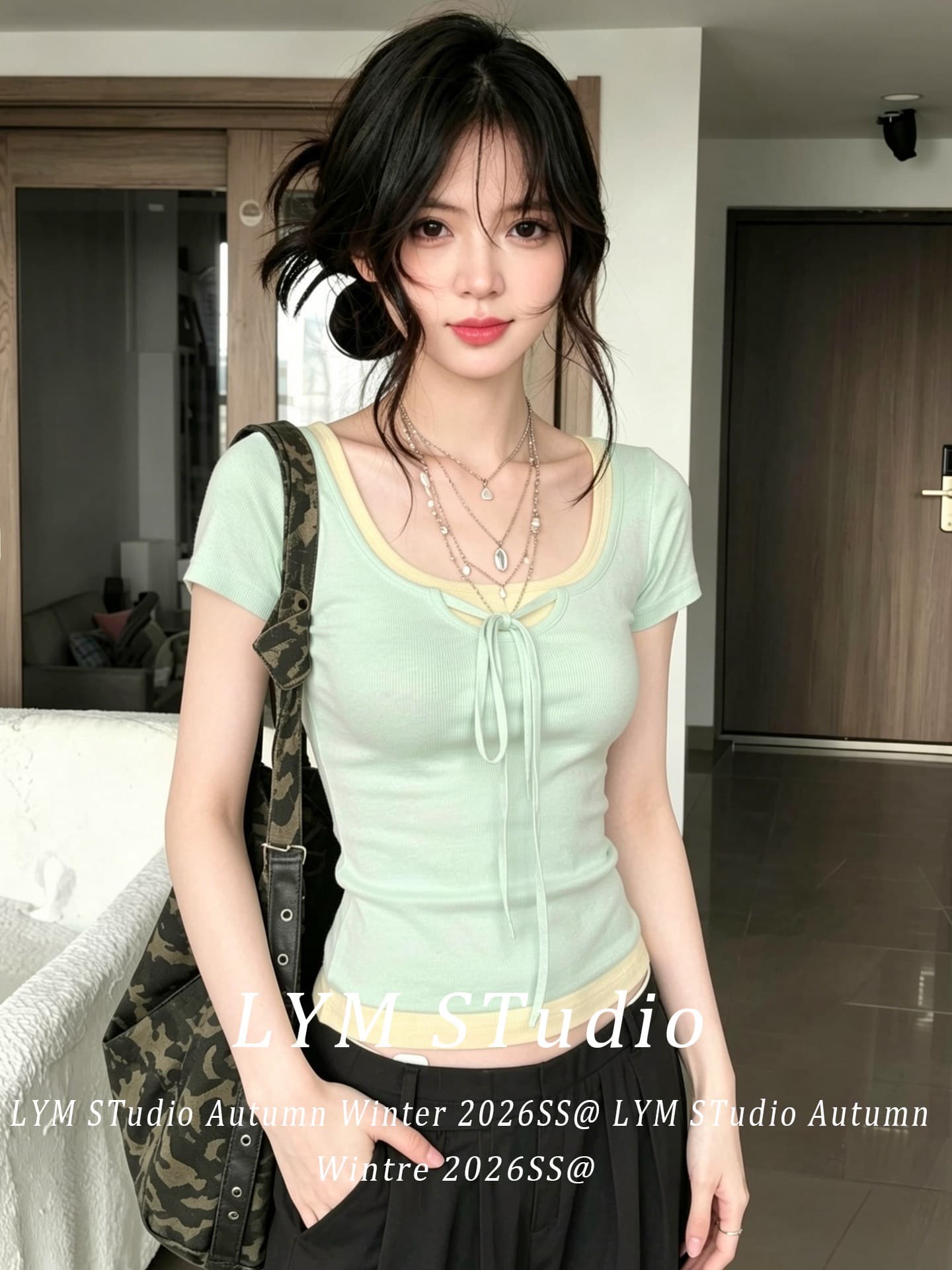 한 부서 박하 녹색 페이크 레이어드 광장 칼라 반팔 티셔츠 여성 여름 디자인 센스 핫걸 아름다운 아름다운 몸매 가꾸기 맨위 상세 이미지 7