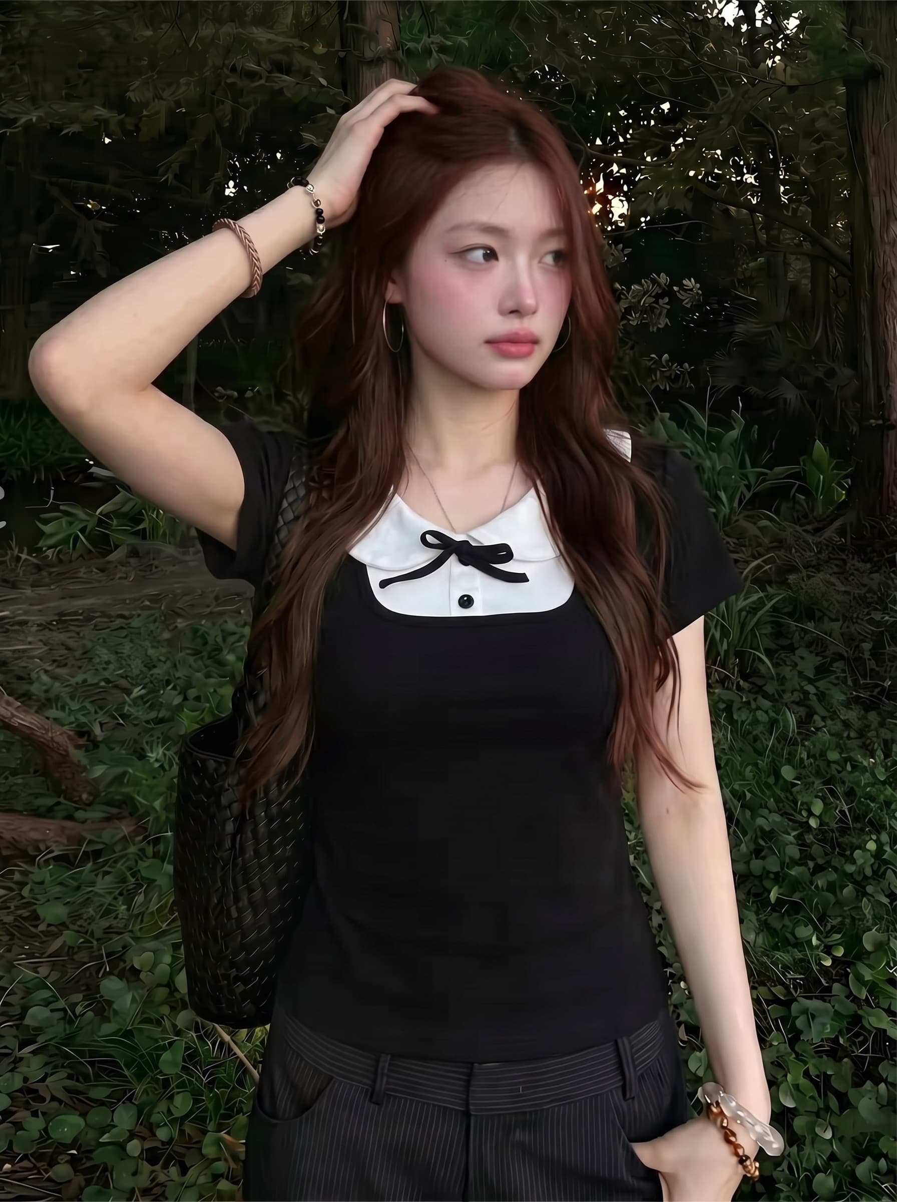 40 순면 프랑스식 천 골드 센스 베이비 칼라 검정색 반팔 티셔츠 디자인 센스 몸매 가꾸기 맨위 이미지 2