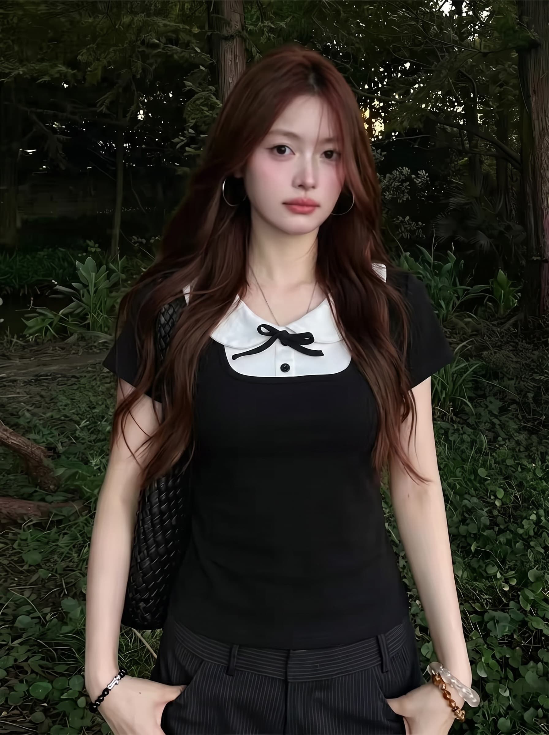 40 순면 프랑스식 천 골드 센스 베이비 칼라 검정색 반팔 티셔츠 디자인 센스 몸매 가꾸기 맨위 상세 이미지 2