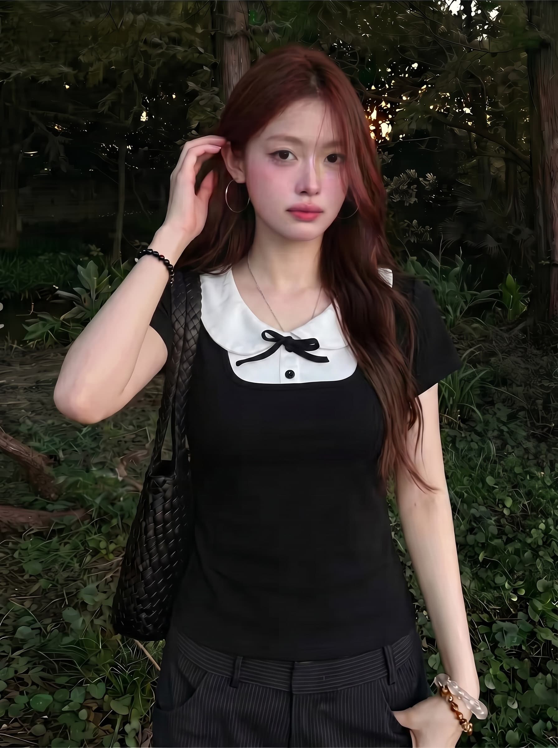 40 순면 프랑스식 천 골드 센스 베이비 칼라 검정색 반팔 티셔츠 디자인 센스 몸매 가꾸기 맨위 상세 이미지 4