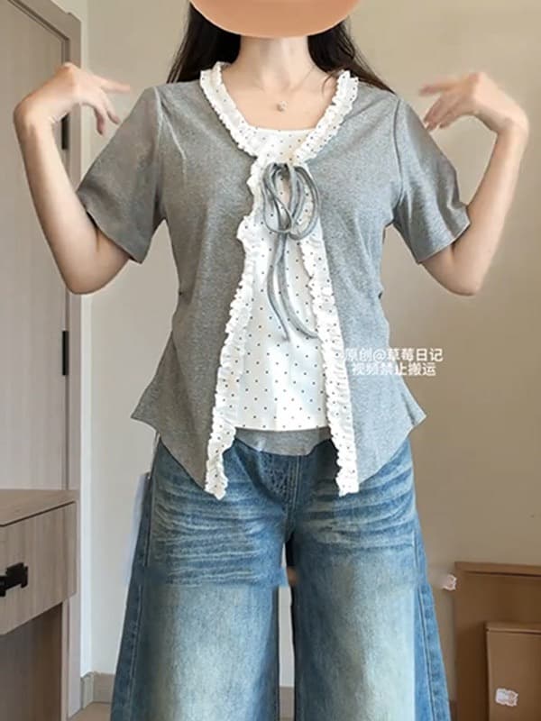 빅 사이즈 마이크로 지방 페이크 레이어드 반팔 티셔츠 여성 여름 지방 mm 슬림해 보이는 프릴 도트 무늬 디자인 센스 프랑스식 맨위 상세 이미지 3