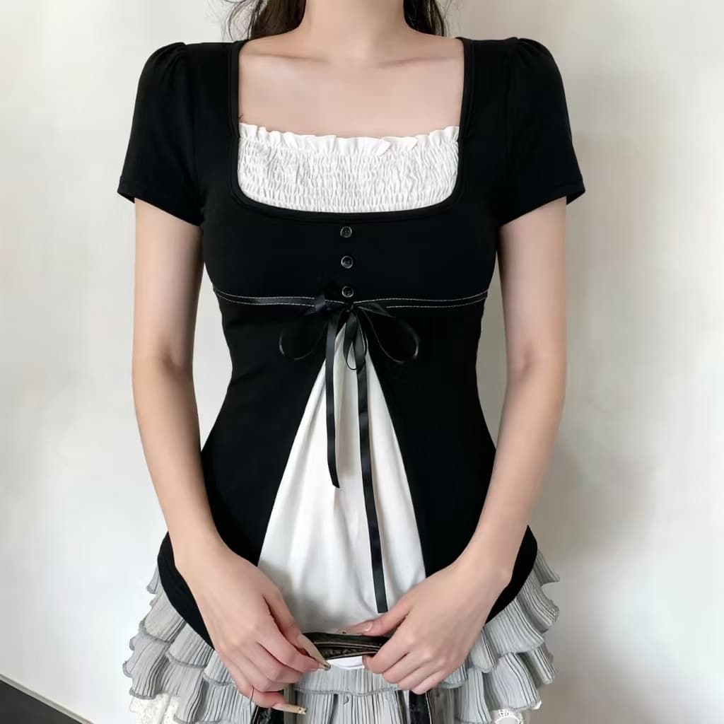 프랑스식 소녀 페이크 레이어드 배색 패치워크 반팔 티셔츠 작은 대중 다용도 슬림해 보이는 진자 짧은 맨위 이미지 3