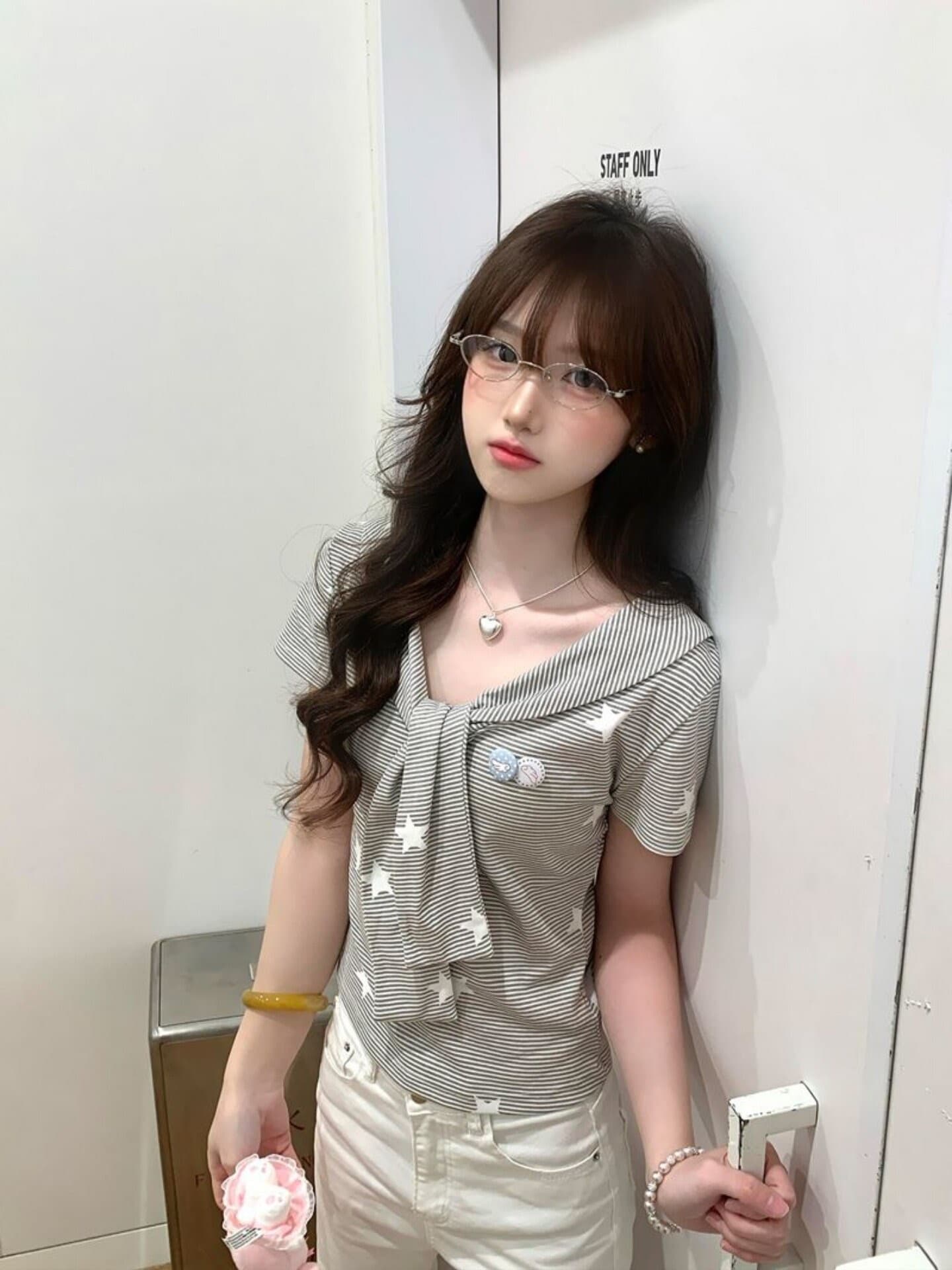 원본 원단 달콤함 해군 칼라 스트라이프 반팔 티셔츠 여성 여름 별 프린트 연령 감소 핫걸 몸매 가꾸기 맨위 이미지 4