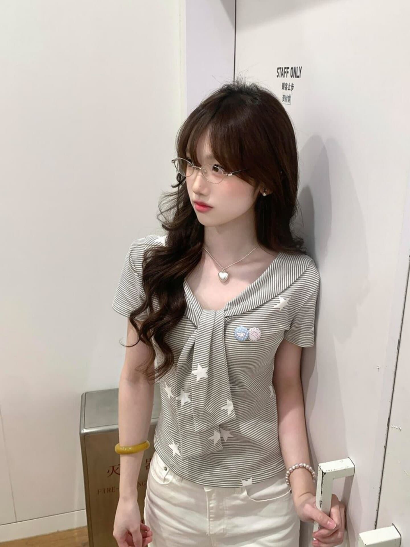 원본 원단 달콤함 해군 칼라 스트라이프 반팔 티셔츠 여성 여름 별 프린트 연령 감소 핫걸 몸매 가꾸기 맨위 이미지 2