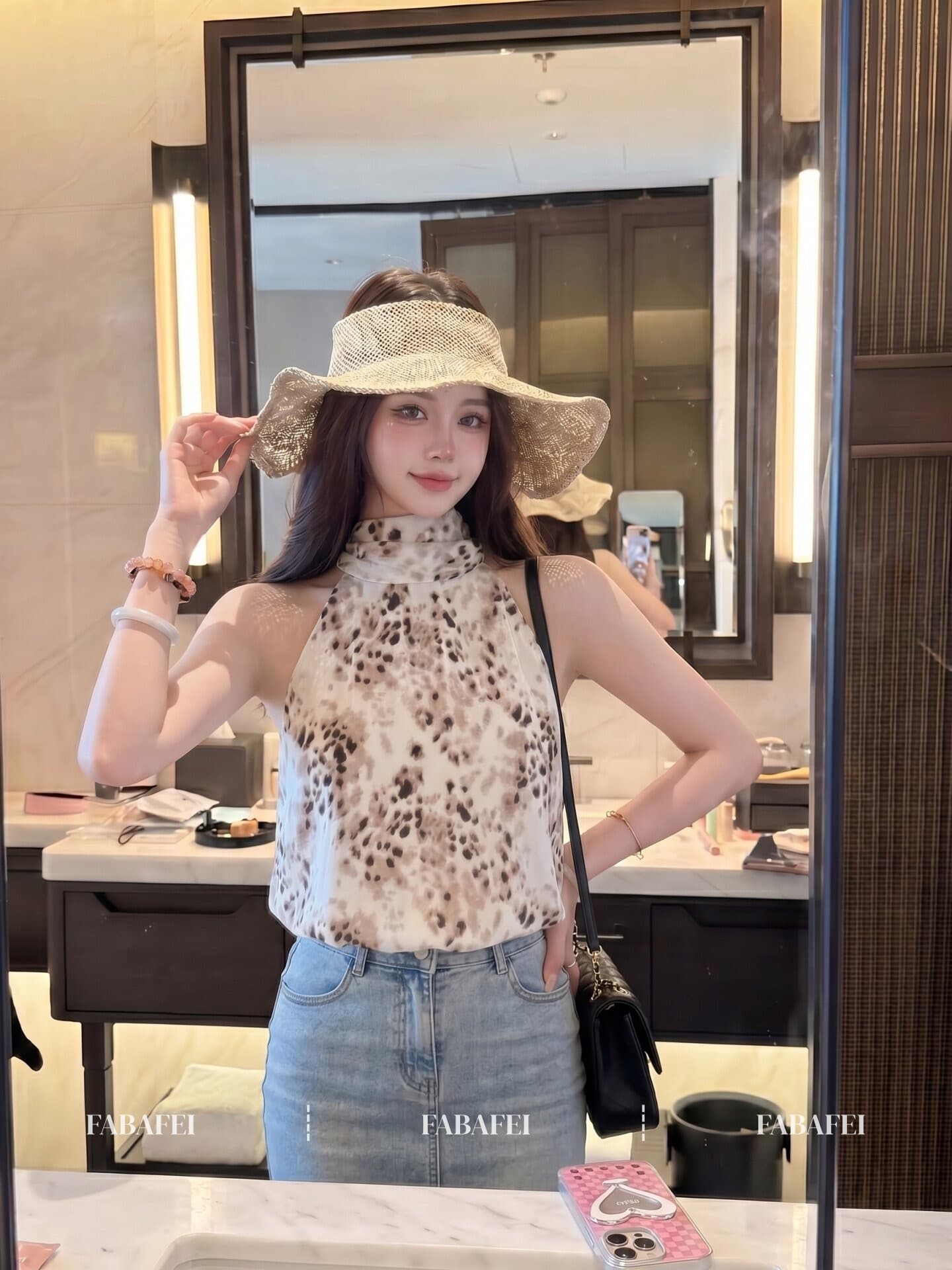 핫걸 바람 행침 목 레오파드 무늬 조끼 여성 2026 여름 새로운 풀오버 반하이넥 쉬폰 블라우스 민소매 오프숄더 맨위 상세 이미지 5