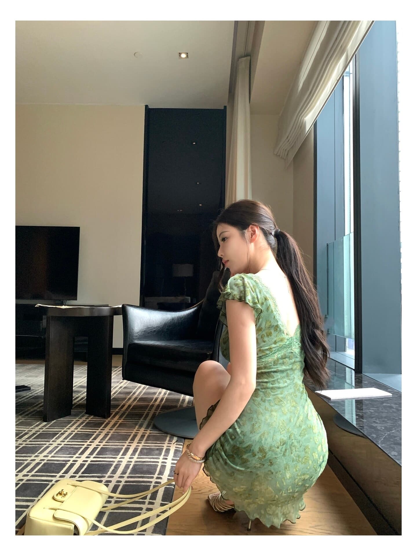 원본 원단 레이스 조각 작은 날다 소매 비스듬한 자르다 레오파드 무늬 치마 여성 깊은 v 섹시함 몸매 가꾸기 허리 수축 녹색 드레스 상세 이미지 11