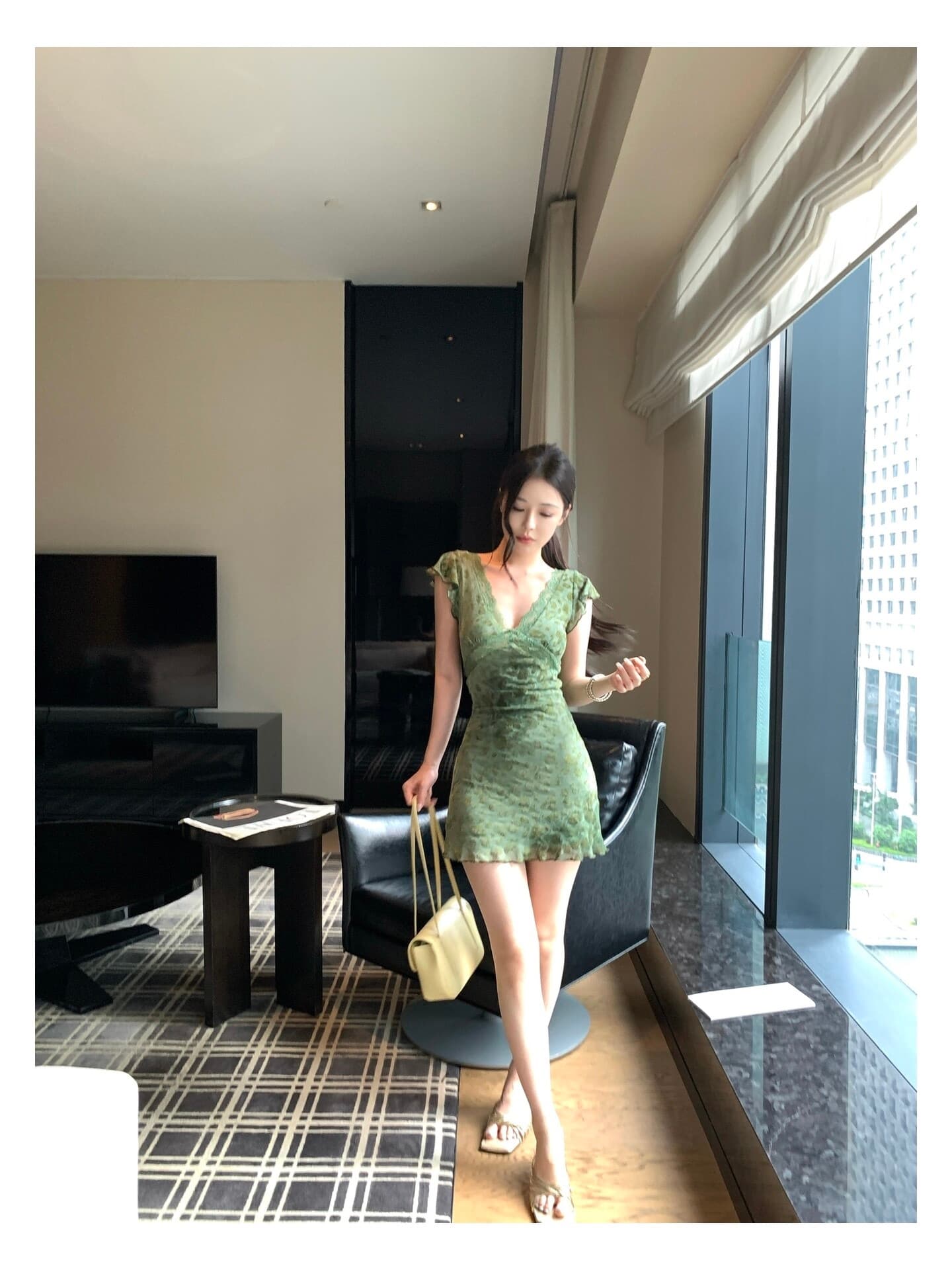 원본 원단 레이스 조각 작은 날다 소매 비스듬한 자르다 레오파드 무늬 치마 여성 깊은 v 섹시함 몸매 가꾸기 허리 수축 녹색 드레스 상세 이미지 12