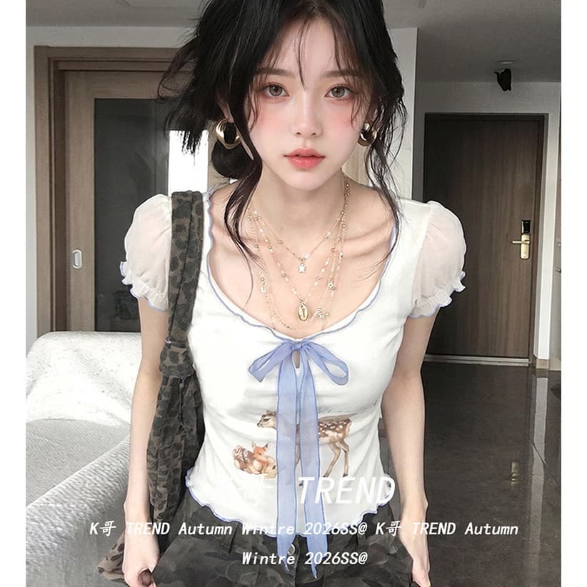 라이 경기 서울 아메리칸 핫걸 바람 V넥 반팔 여성 여름 작은 사슴 프린트 패치워크 망사 리본 티셔츠 몸매 가꾸기 맨위 이미지 3