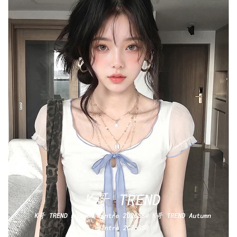 라이 경기 서울 아메리칸 핫걸 바람 V넥 반팔 여성 여름 작은 사슴 프린트 패치워크 망사 리본 티셔츠 몸매 가꾸기 맨위 이미지 2