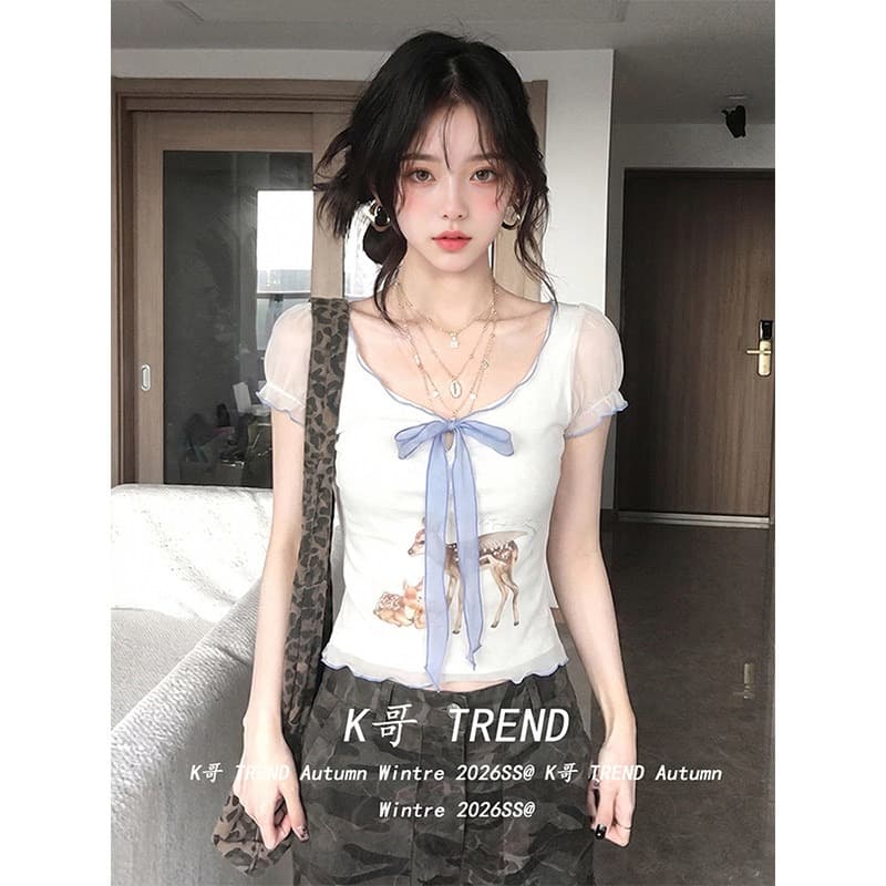 라이 경기 서울 아메리칸 핫걸 바람 V넥 반팔 여성 여름 작은 사슴 프린트 패치워크 망사 리본 티셔츠 몸매 가꾸기 맨위 상세 이미지 1