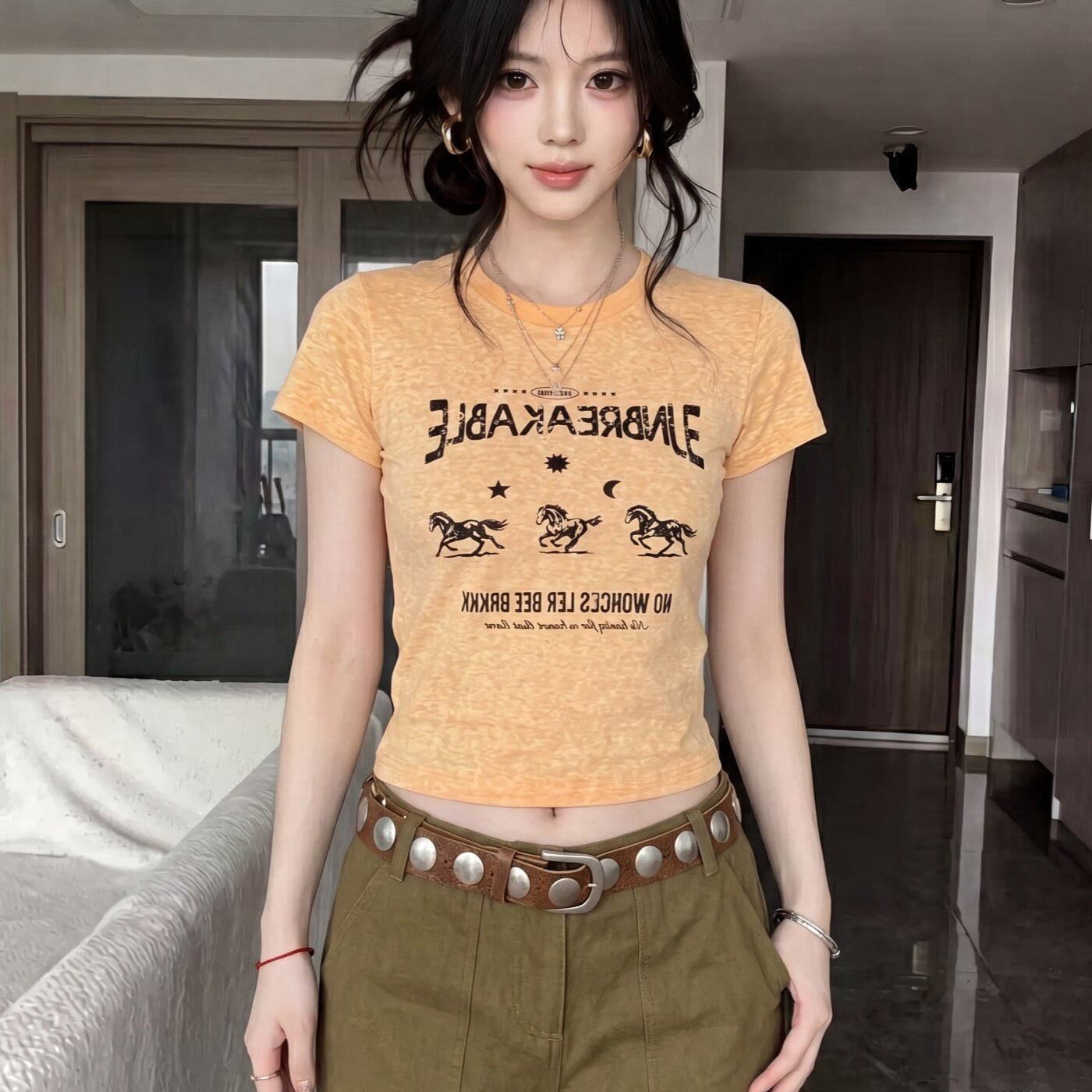 눈꽃 아마 아메리칸 복잡한 캐주얼 바람 고대 프린트 라운드 넥 반팔 티셔츠 여성 여름 몸매 가꾸기 슬림해 보이는 캐주얼 맨위 이미지 5