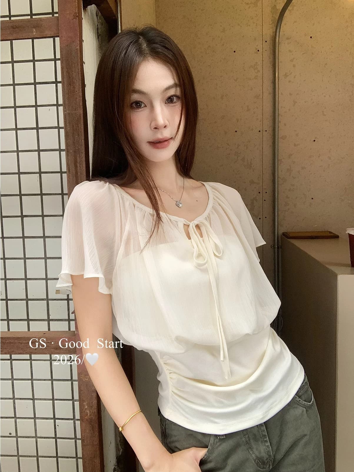 한 부서 부드러운 달콤함 느긋한 새로운 슬림해 보이는 레이스업 느슨함 센스 디자인 반팔 티셔츠 맨위 여름 품격 상세 이미지 1