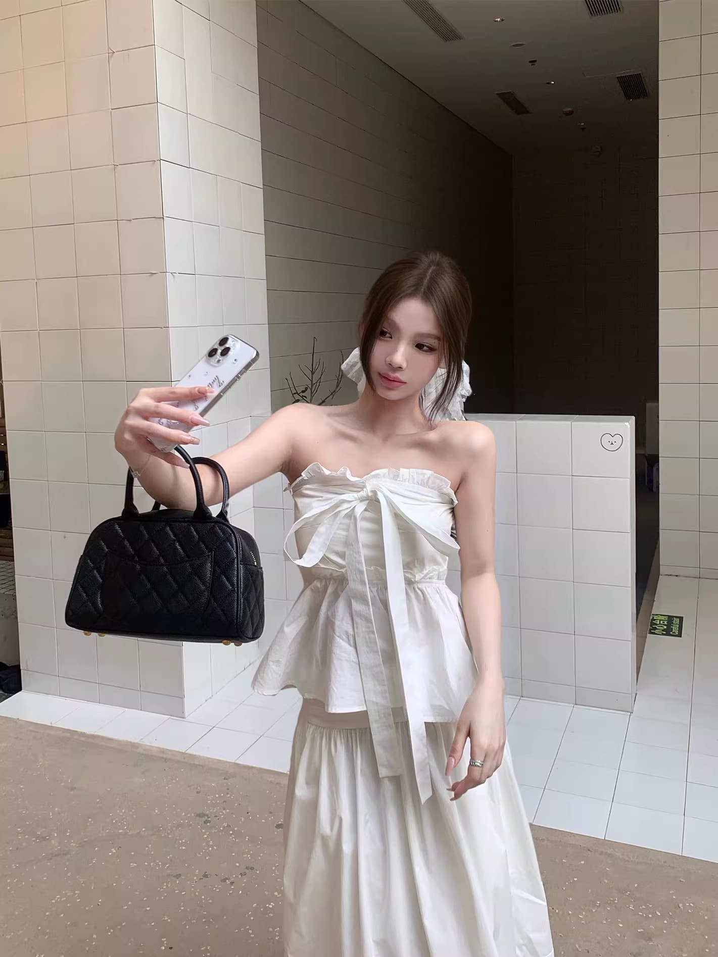 달콤한 스타일 화이트 나비 매듭 스트랩 튜브탑 조끼 여성 여름 프랑스식 프릴 Chic 허리 수축 슬림해 보이는 맨위 이미지 4