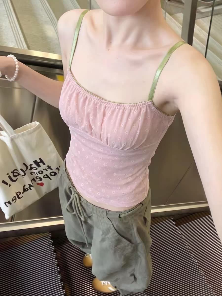 원본 원단 솜씨 프랑스식 달콤함 핑크색 꽃무늬 민소매 작은 슬링 조끼 여성 셔츠 이미지 4