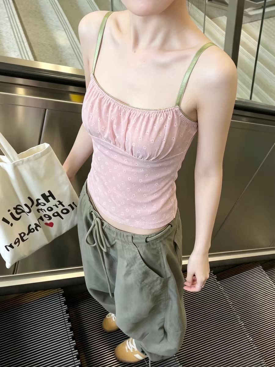 원본 원단 솜씨 프랑스식 달콤함 핑크색 꽃무늬 민소매 작은 슬링 조끼 여성 셔츠