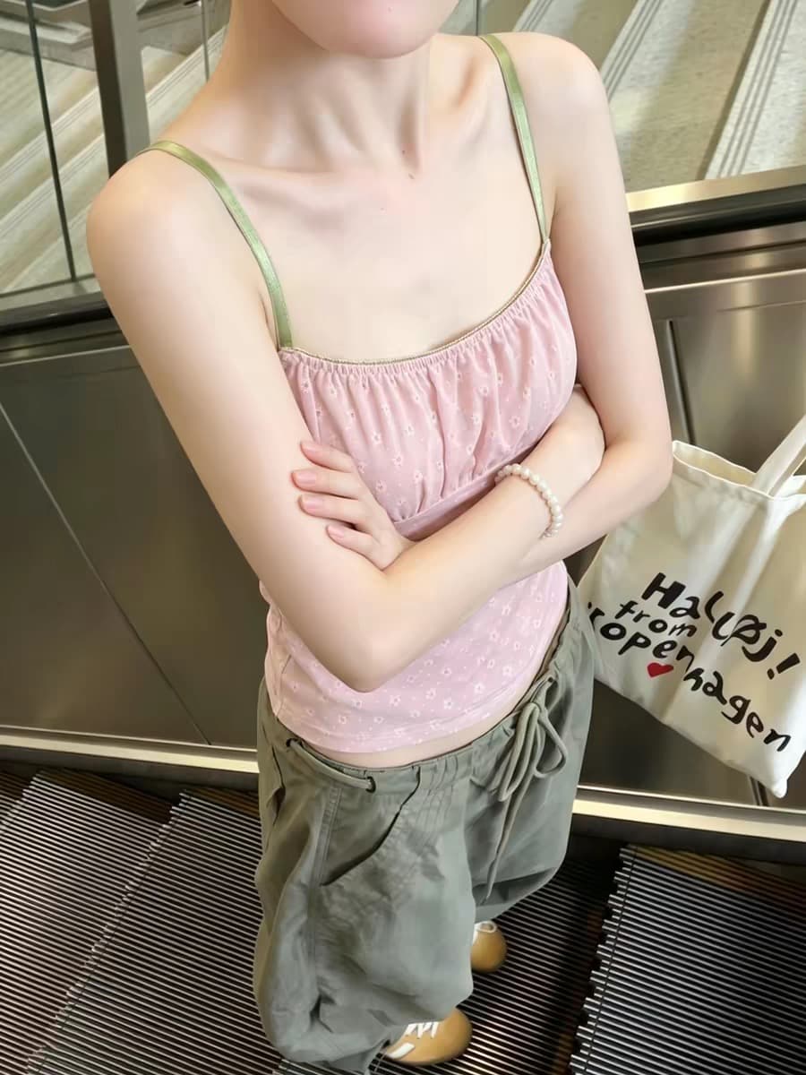 원본 원단 솜씨 프랑스식 달콤함 핑크색 꽃무늬 민소매 작은 슬링 조끼 여성 셔츠 상세 이미지 3