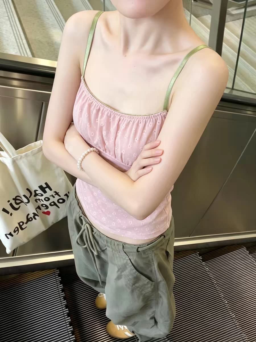 원본 원단 솜씨 프랑스식 달콤함 핑크색 꽃무늬 민소매 작은 슬링 조끼 여성 셔츠 상세 이미지 4