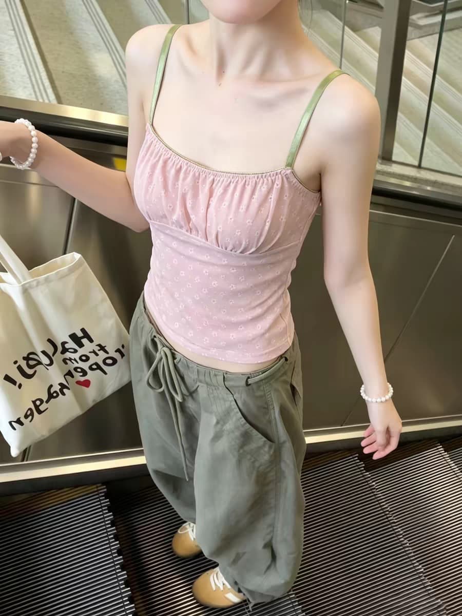 원본 원단 솜씨 프랑스식 달콤함 핑크색 꽃무늬 민소매 작은 슬링 조끼 여성 셔츠 상세 이미지 6