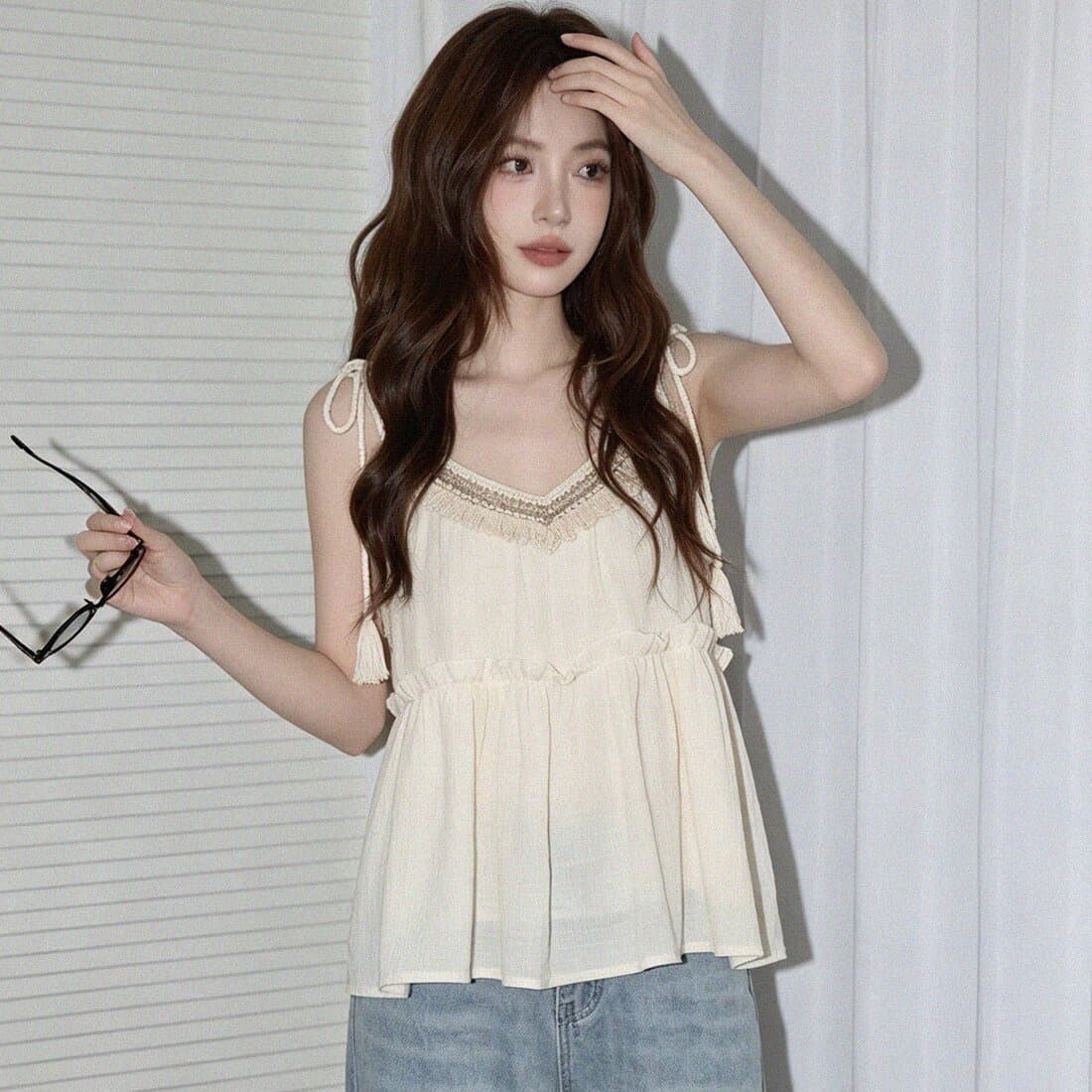 빅 사이즈 지방 mm 디자인 센스 루즈핏 민소매 캐미솔 여름 휴가 바람 달콤함 다용도 연꽃 잎 인형 맨위 이미지 2