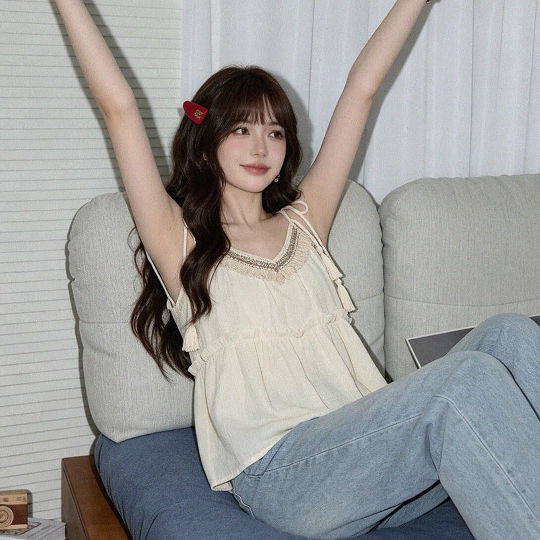 빅 사이즈 지방 mm 디자인 센스 루즈핏 민소매 캐미솔 여름 휴가 바람 달콤함 다용도 연꽃 잎 인형 맨위 이미지 3