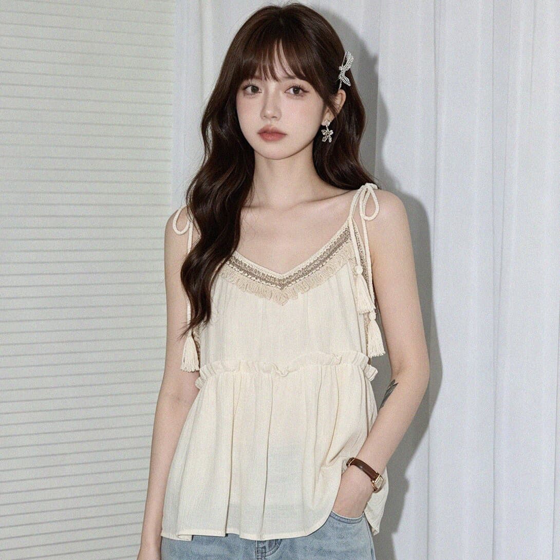 빅 사이즈 지방 mm 디자인 센스 루즈핏 민소매 캐미솔 여름 휴가 바람 달콤함 다용도 연꽃 잎 인형 맨위 이미지 5