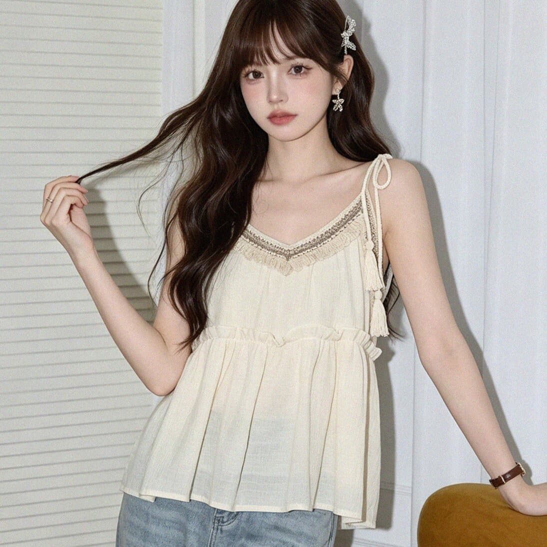 빅 사이즈 지방 mm 디자인 센스 루즈핏 민소매 캐미솔 여름 휴가 바람 달콤함 다용도 연꽃 잎 인형 맨위 이미지 4