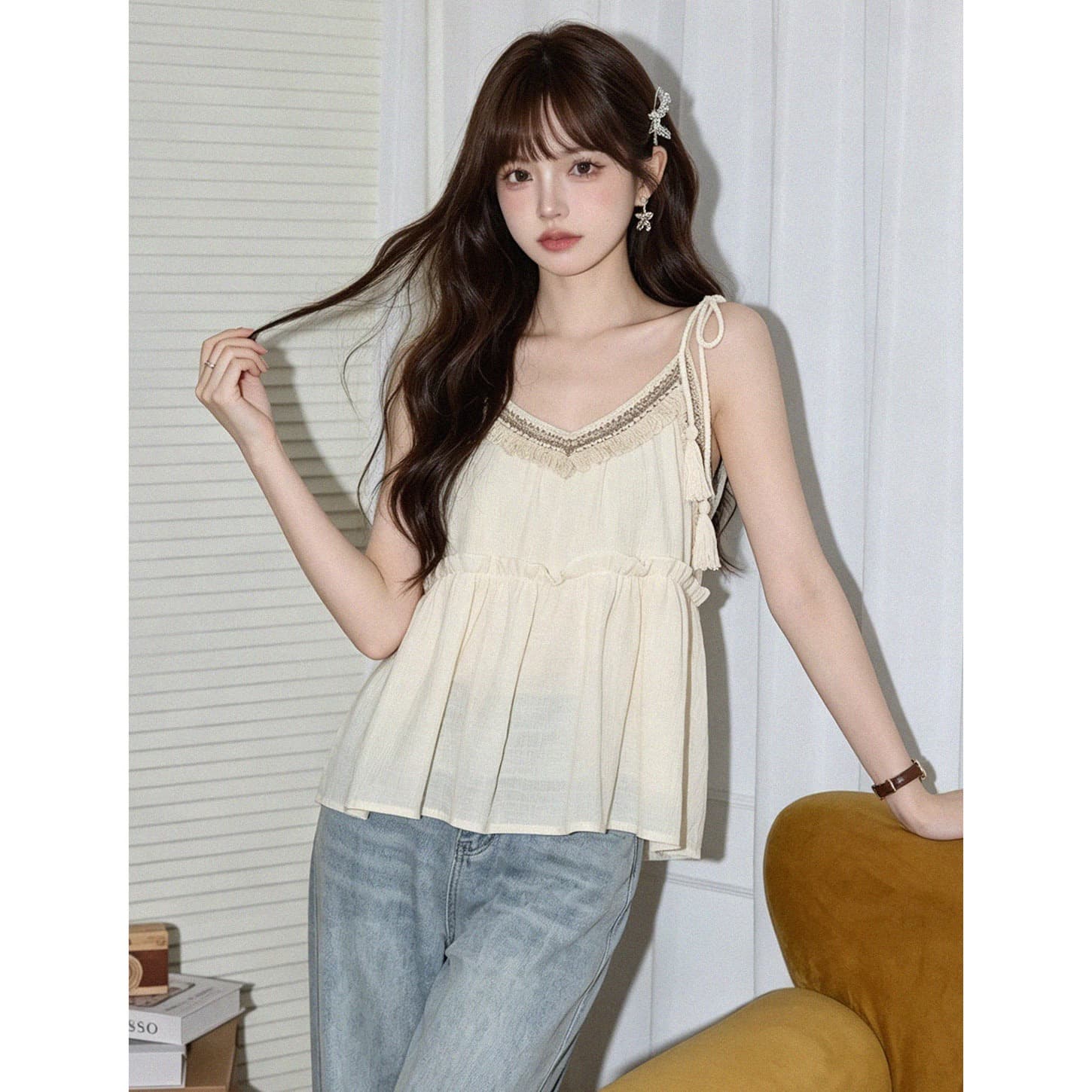 빅 사이즈 지방 mm 디자인 센스 루즈핏 민소매 캐미솔 여름 휴가 바람 달콤함 다용도 연꽃 잎 인형 맨위 상세 이미지 4