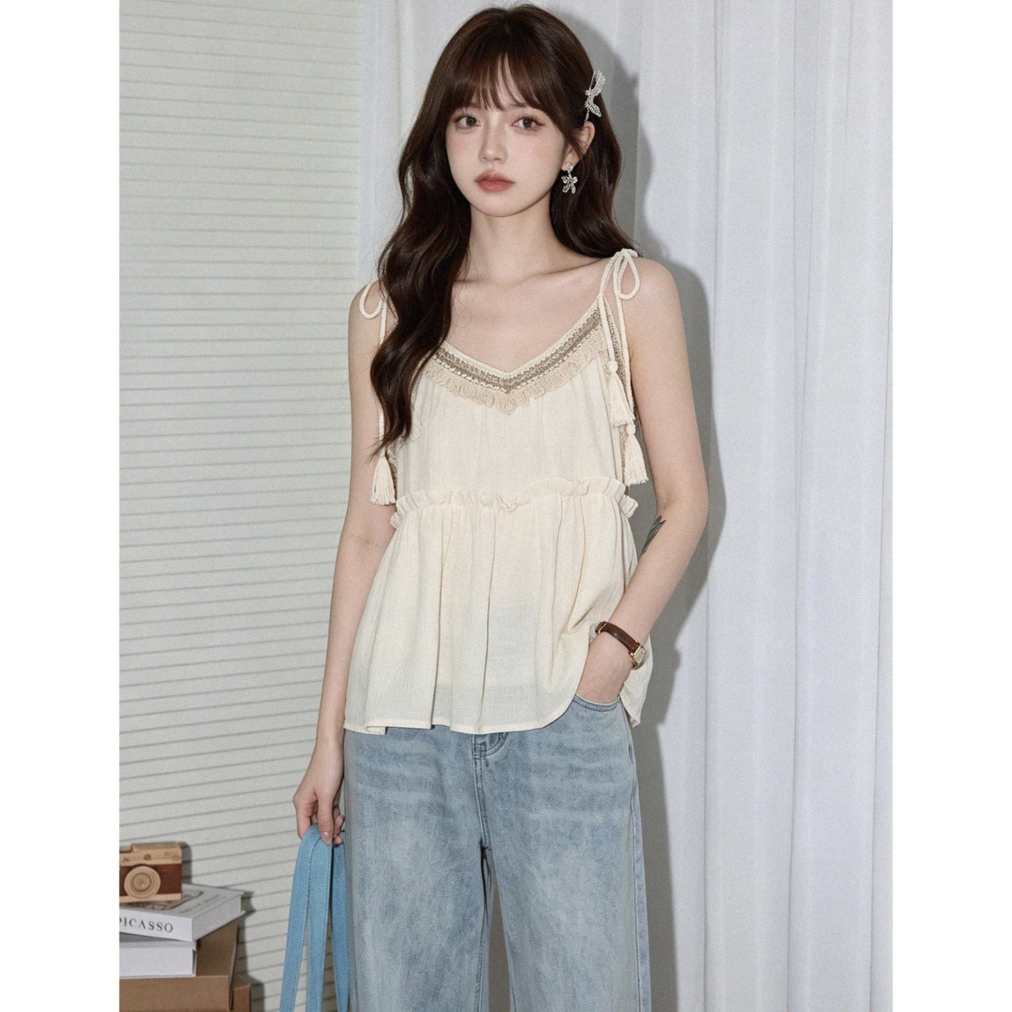 빅 사이즈 지방 mm 디자인 센스 루즈핏 민소매 캐미솔 여름 휴가 바람 달콤함 다용도 연꽃 잎 인형 맨위 상세 이미지 5