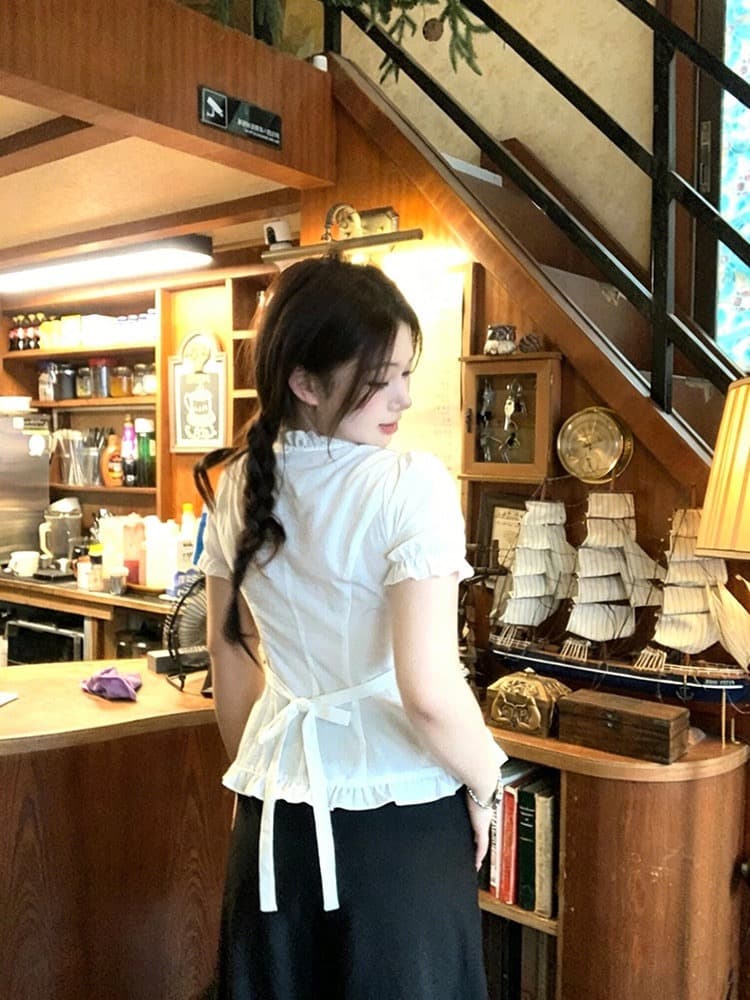 페이크 레이어드 도트 무늬 패치워크 프릴 나비 매듭 여성 셔츠 마이크로 지방 빅 사이즈 허리 수축 슬림해 보이는 작은 셔츠 상세 이미지 5