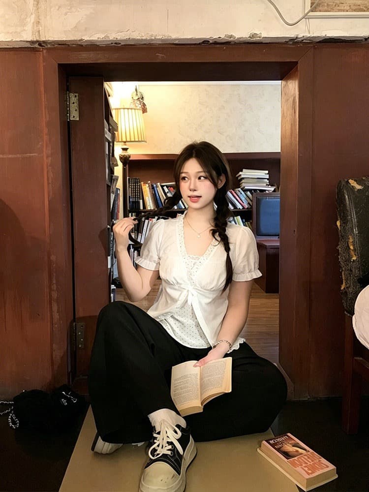 페이크 레이어드 도트 무늬 패치워크 프릴 나비 매듭 여성 셔츠 마이크로 지방 빅 사이즈 허리 수축 슬림해 보이는 작은 셔츠 상세 이미지 6