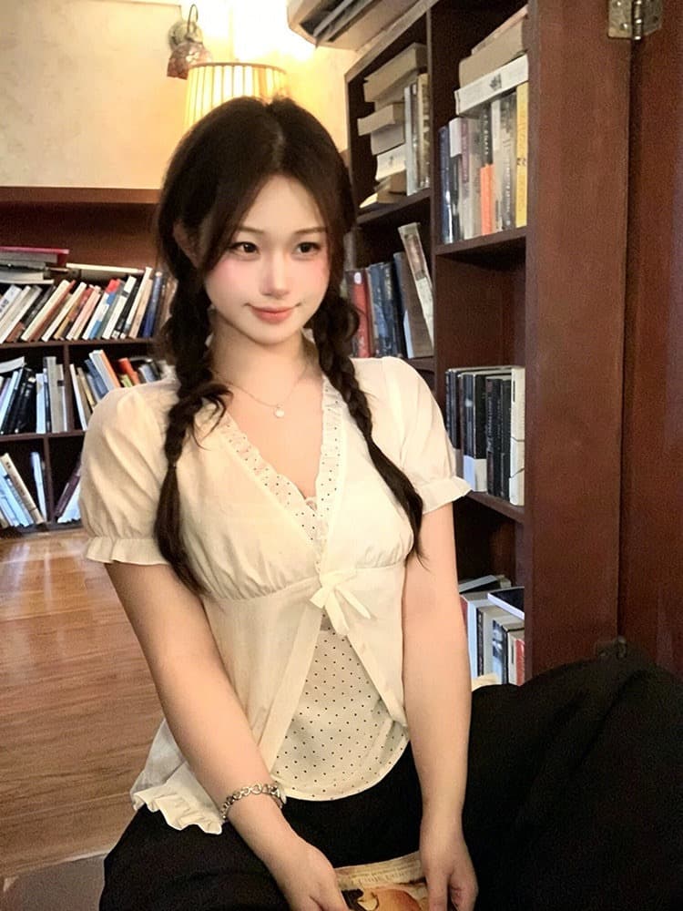 페이크 레이어드 도트 무늬 패치워크 프릴 나비 매듭 여성 셔츠 마이크로 지방 빅 사이즈 허리 수축 슬림해 보이는 작은 셔츠 상세 이미지 8