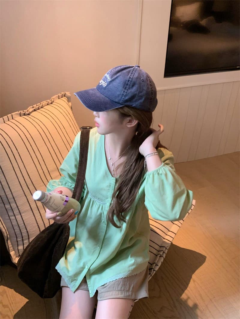 원본 1 1 품질 루즈핏 V넥 인형 셔츠 여성 디자인 센스 작은 대중 세트 염색 레이스 셔츠 상세 이미지 3