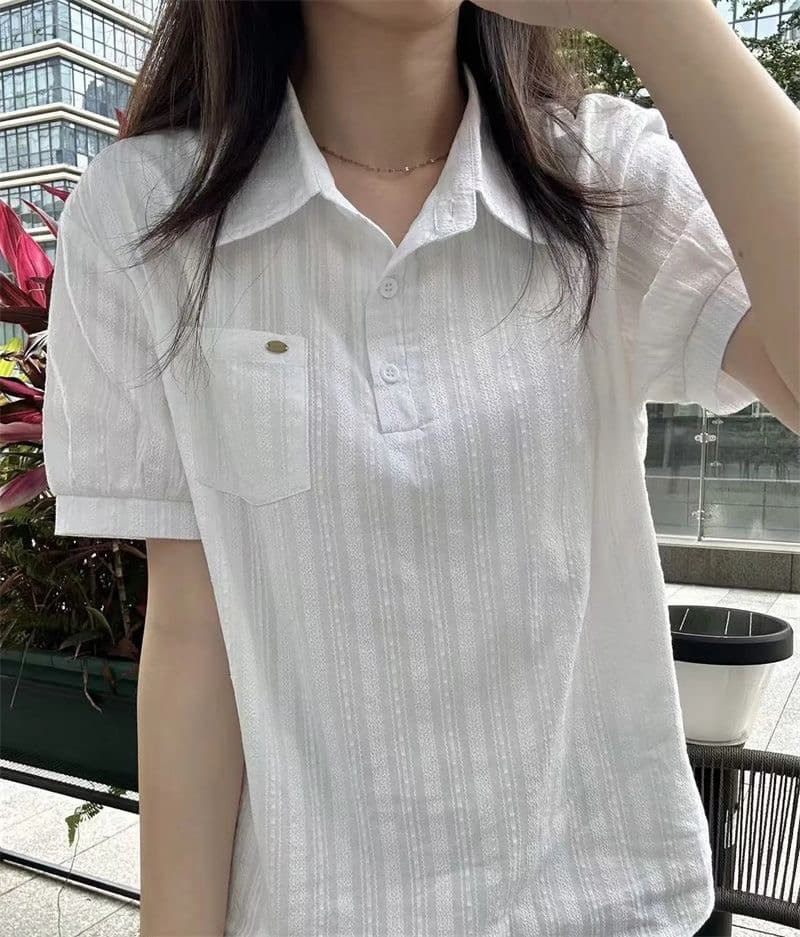 원본 1 1 제품 훌륭함 섹션 한 부서 레트로 화이트 자카드 질감 센스 반팔 폴로 칼라 여성 셔츠 상세 이미지 10