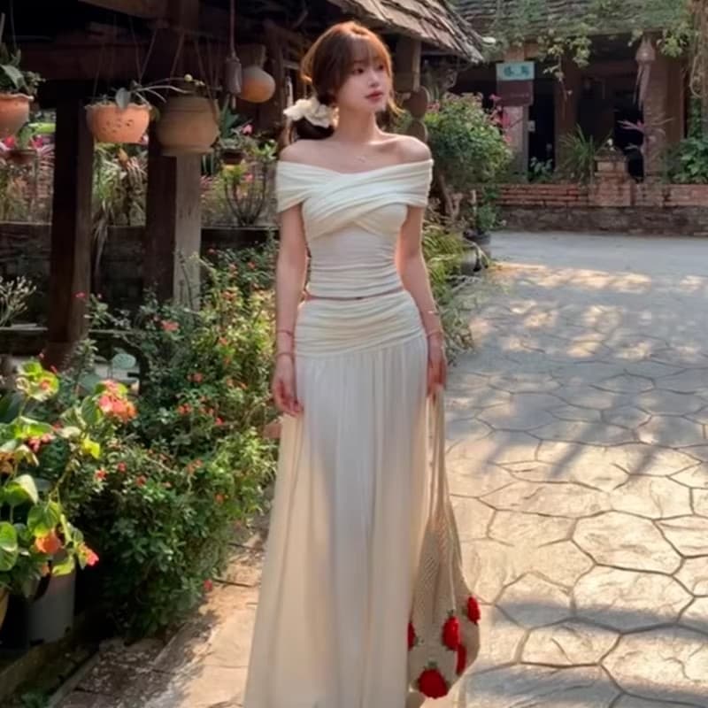 프랑스식 화이트 오프숄더 드레스 아이들 2026 새로운 초여름 착용 가져 가라. 품격 허리 수축 꼬집기 허리 롱 스커트 세트 이미지 3