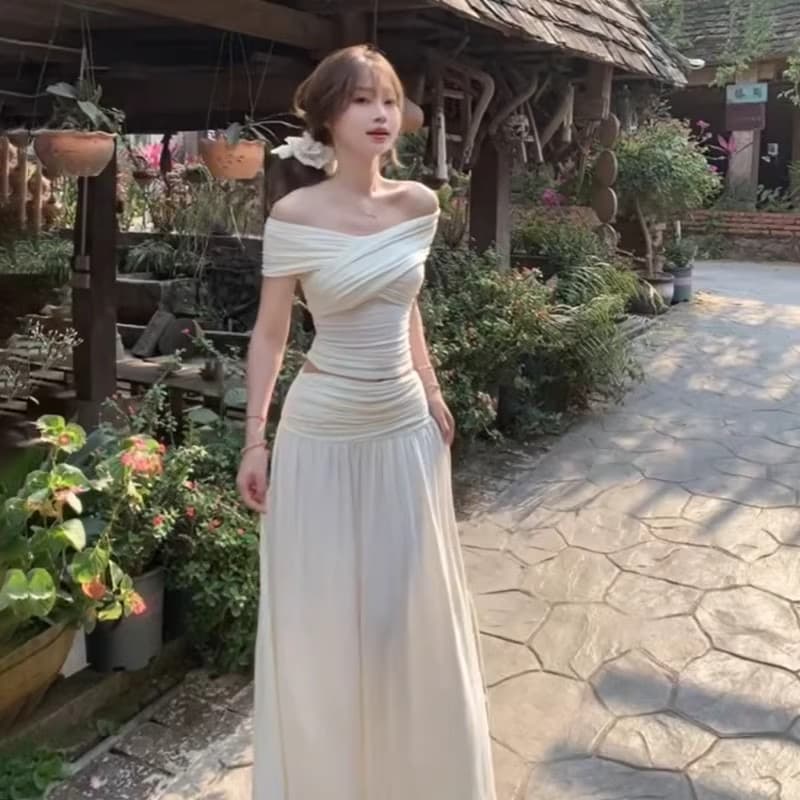 프랑스식 화이트 오프숄더 드레스 아이들 2026 새로운 초여름 착용 가져 가라. 품격 허리 수축 꼬집기 허리 롱 스커트 세트 이미지 4