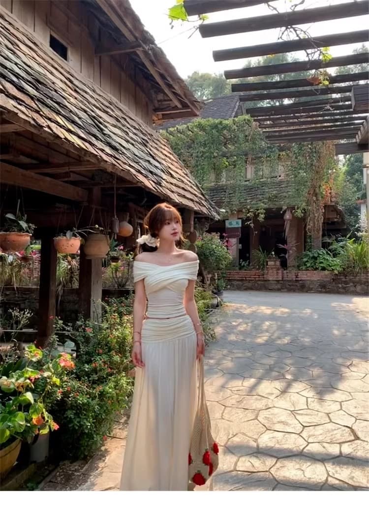 프랑스식 화이트 오프숄더 드레스 아이들 2026 새로운 초여름 착용 가져 가라. 품격 허리 수축 꼬집기 허리 롱 스커트 세트 상세 이미지 2