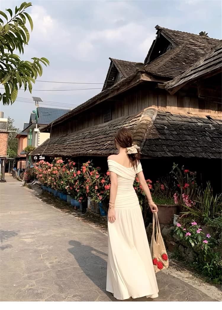 프랑스식 화이트 오프숄더 드레스 아이들 2026 새로운 초여름 착용 가져 가라. 품격 허리 수축 꼬집기 허리 롱 스커트 세트 상세 이미지 7