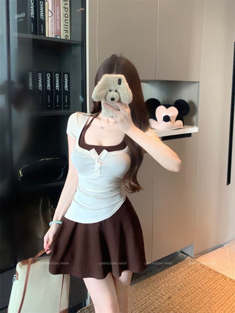 양모 대 u 칼라 단추 반팔 티셔츠 행침 목 니트 플리츠 슬립 여성 드레스 2026 여름 섹션 투피스 세트
